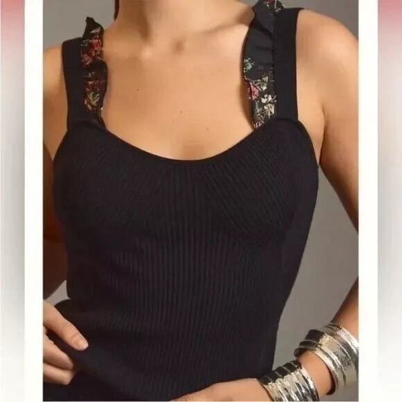 Maeve Tops - Maeve by Anthropologie Black + Floral Ruffle Tank
